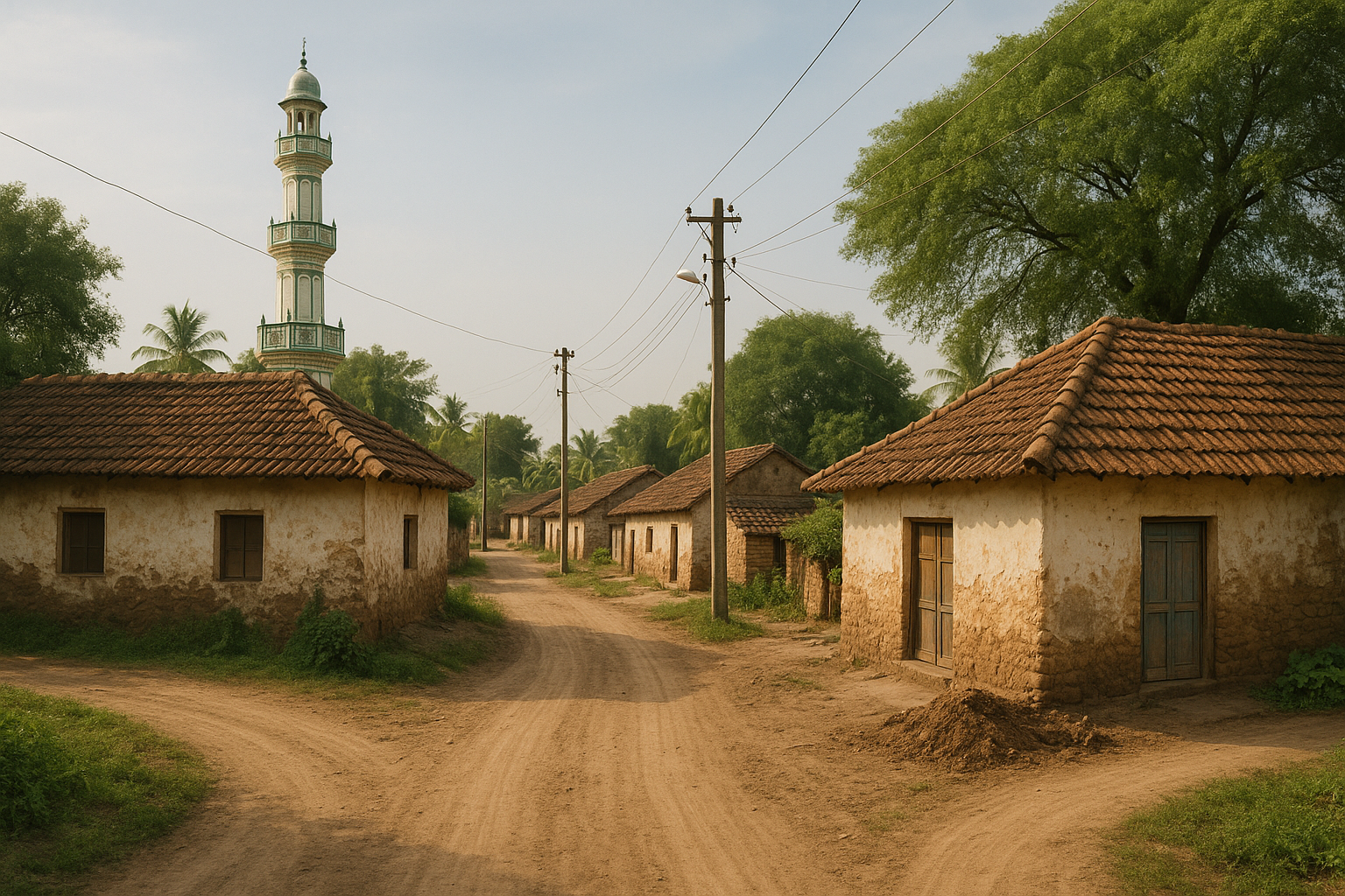 Street view of Karmad village with traditional houses and trees